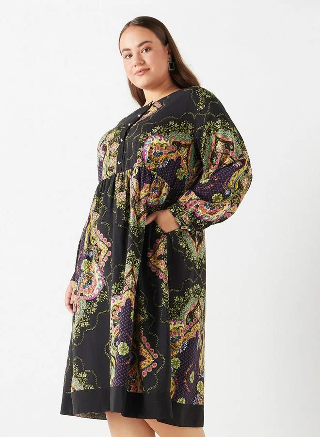 Ulla Popken Plus Size Ulla Popken All-Over Floral Print Midi Dress with Long Sleeves