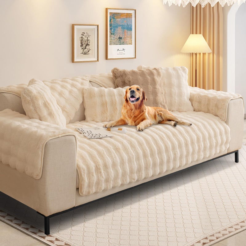 SHANNA Thick Rabbit Plush Sofa Cover 1 2 3 Seater New Universal NonSlip Corner Sofa Cover L Shape Super Soft Faux Fur Sofa Slipcovers for Living RoomCream 70  70cm Armrest or Backrest