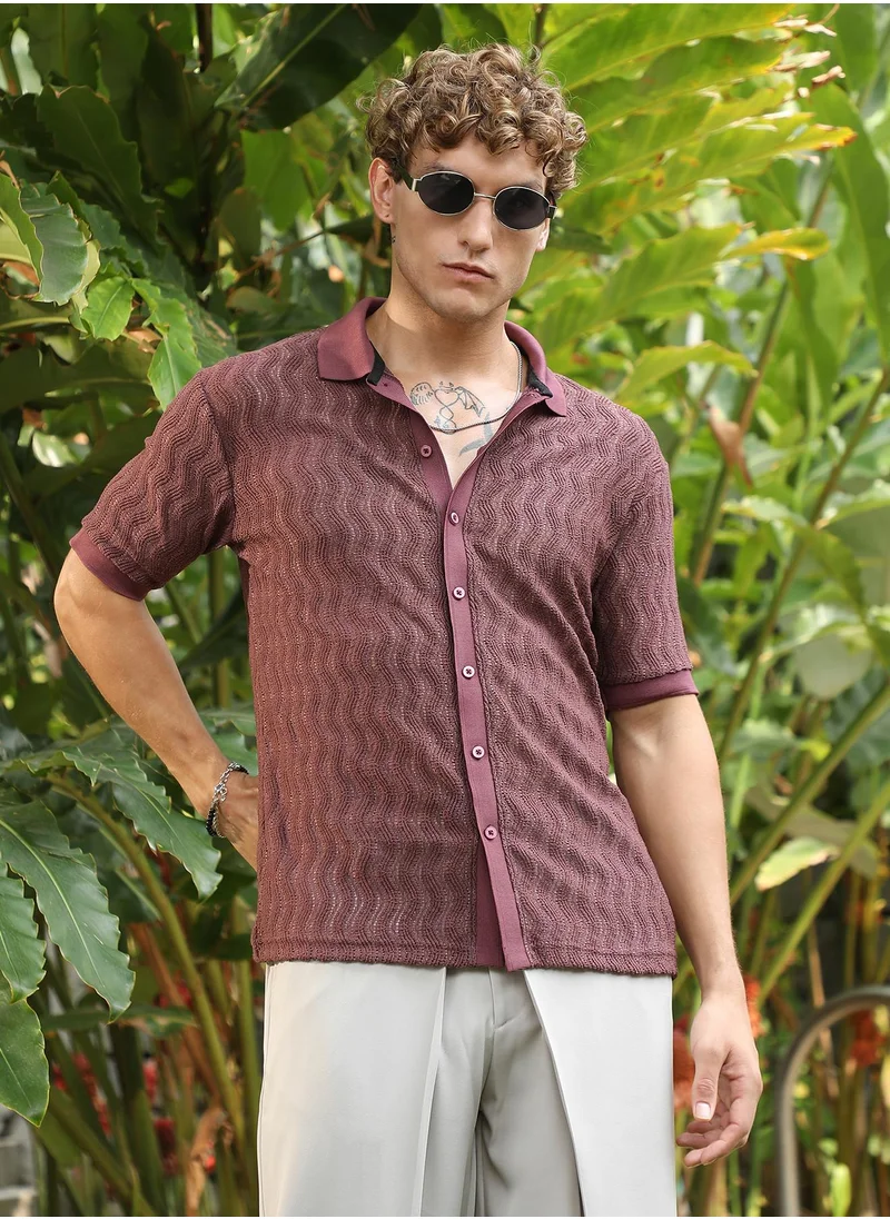 كامبوس سوترا Men's Burgundy Textured Cuban Collar Shirt