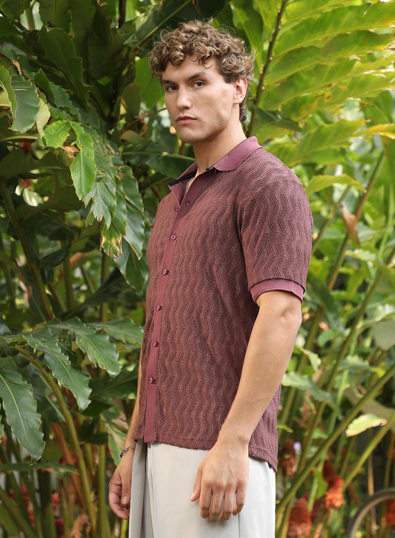 Campus Sutra Men's Burgundy Textured Cuban Collar Shirt  - Image 3