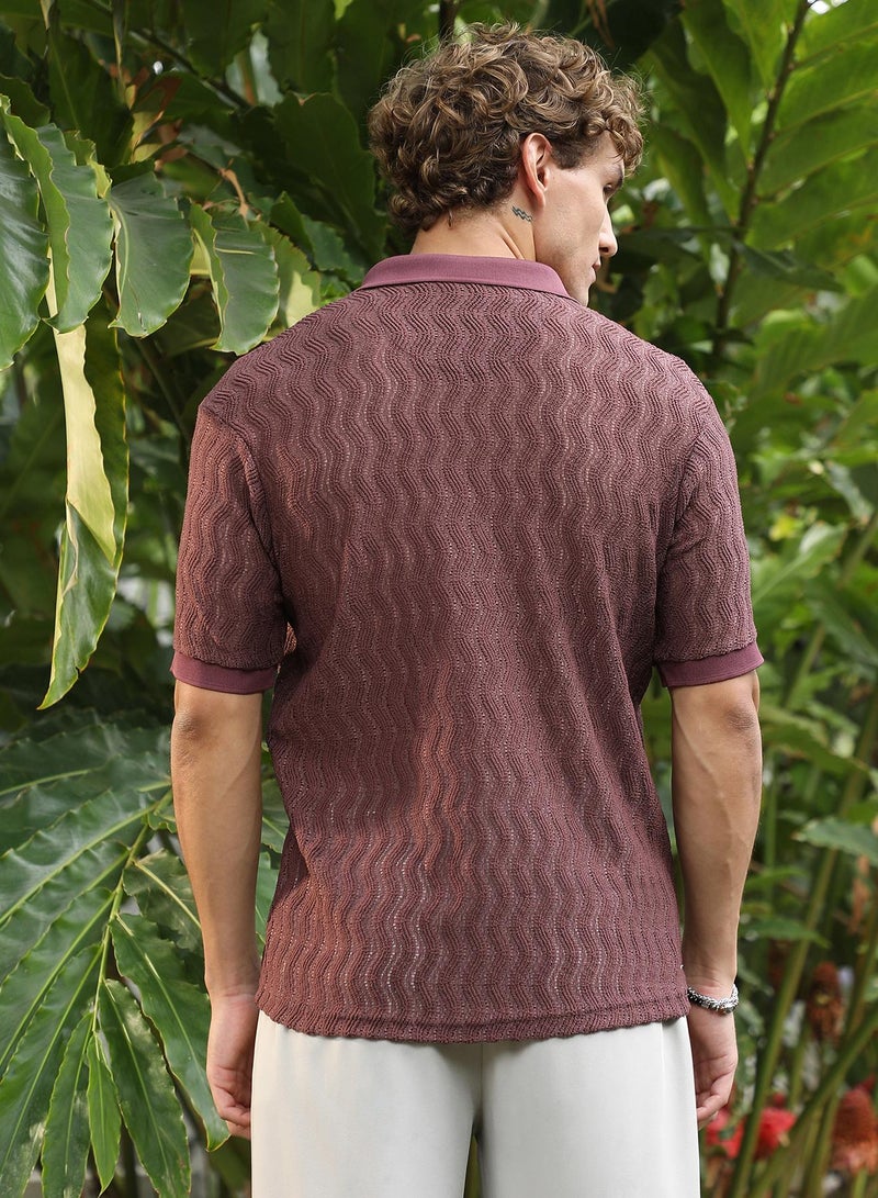 Campus Sutra Men's Burgundy Textured Cuban Collar Shirt  - Image 5