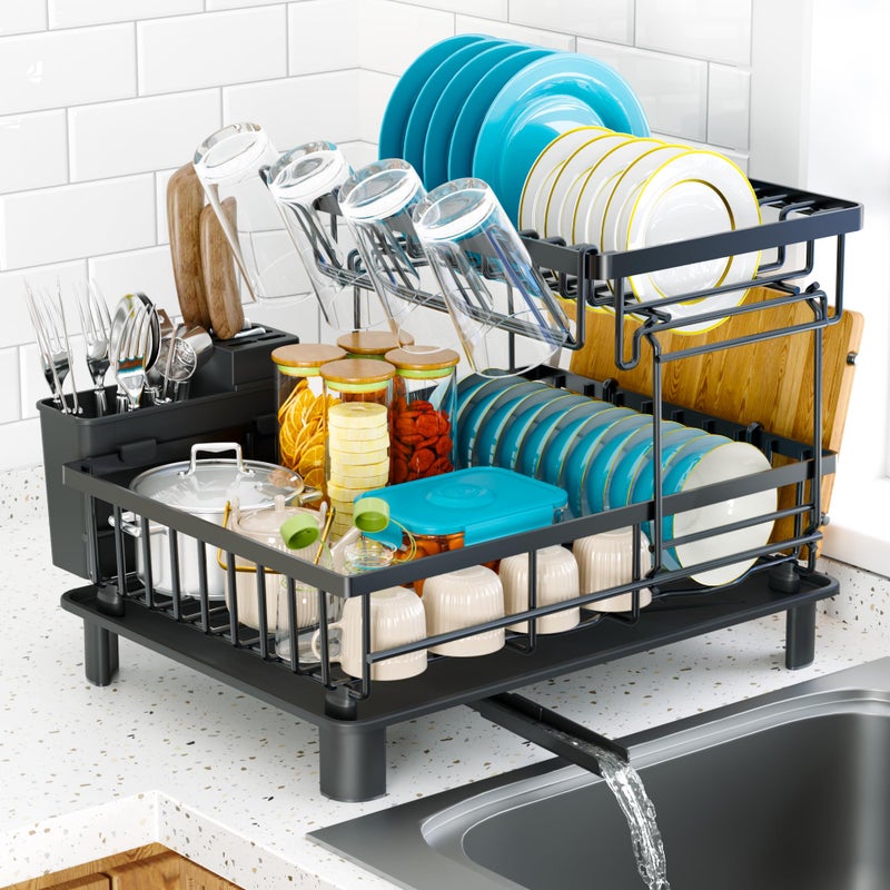 IMXSUMDA Dish Drying Rack, 2 Tier Dish Racks for Kitchen Counter,Large Capacity Detachable Dish Rack, Stainless Steel Rustproof Dish Drainer with Drainboard,Utensil Holder,Cup Holder for Dishes,Black - Image 1