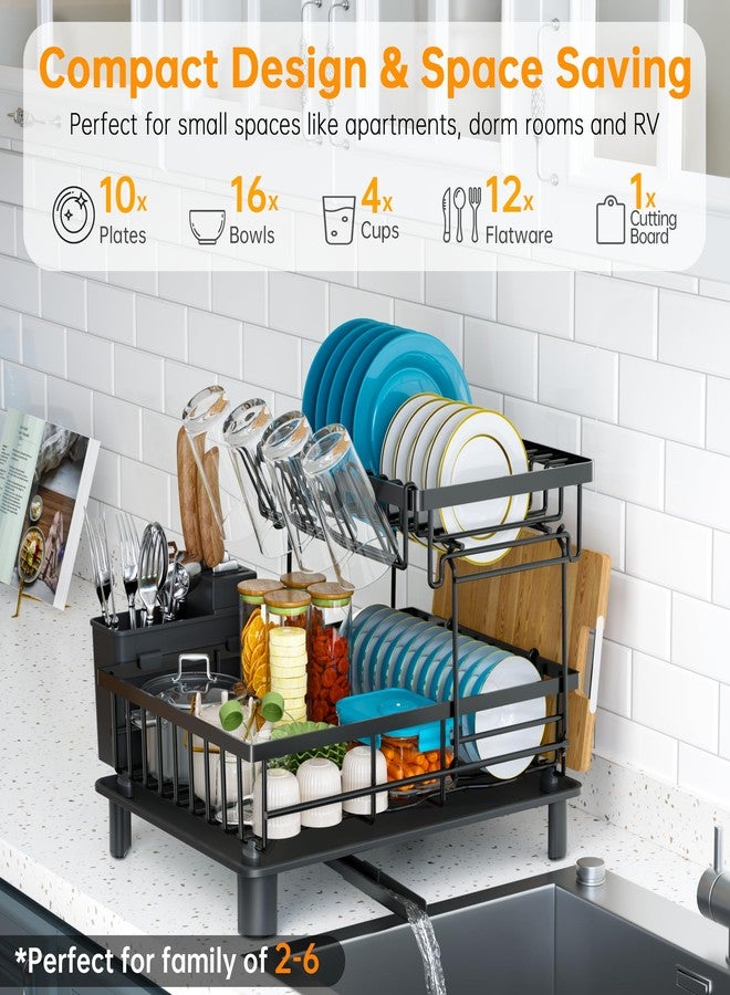 IMXSUMDA Dish Drying Rack, 2 Tier Dish Racks for Kitchen Counter,Large Capacity Detachable Dish Rack, Stainless Steel Rustproof Dish Drainer with Drainboard,Utensil Holder,Cup Holder for Dishes,Black - Image 2