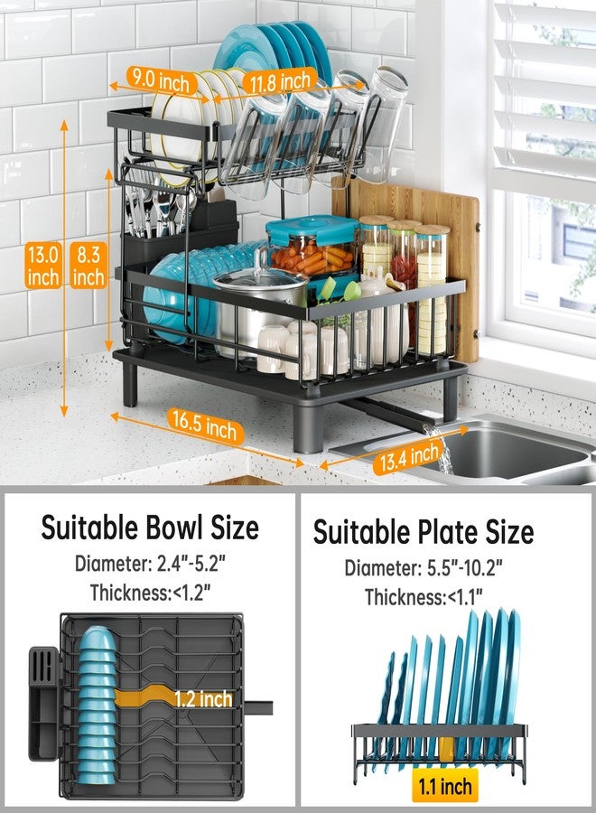 IMXSUMDA Dish Drying Rack, 2 Tier Dish Racks for Kitchen Counter,Large Capacity Detachable Dish Rack, Stainless Steel Rustproof Dish Drainer with Drainboard,Utensil Holder,Cup Holder for Dishes,Black - Image 3