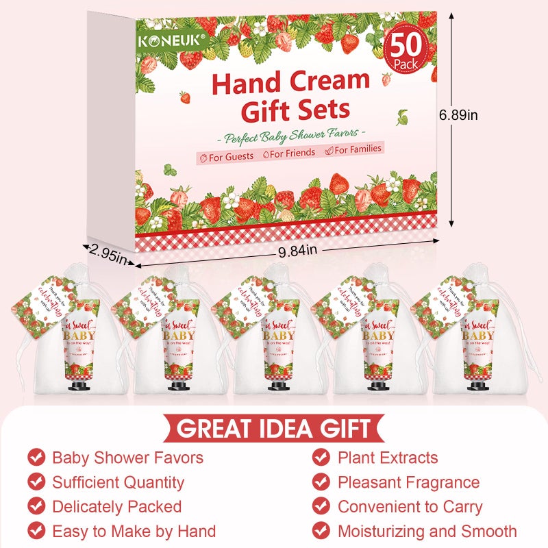 KONEUK 50 Pack Bulk Hand Cream Gifts Sets, Baby Shower Favors and Bridal Shower Favors for Guests with Thank You Card and Organza Gift Bags, Appreciation Gifts, Wedding Party Favors (Strawberry) - Image 4