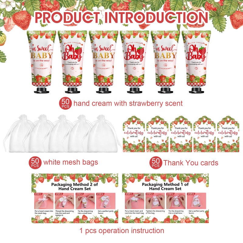 KONEUK 50 Pack Bulk Hand Cream Gifts Sets, Baby Shower Favors and Bridal Shower Favors for Guests with Thank You Card and Organza Gift Bags, Appreciation Gifts, Wedding Party Favors (Strawberry) - Image 2