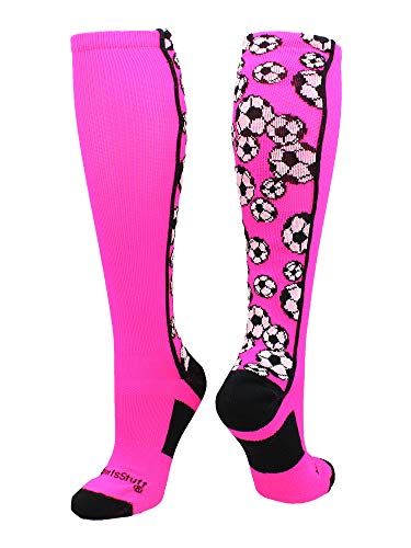 MadSportsStuff Crazy Soccer Socks with Soccer Balls over the calf (Neon Pink/Black, Medium) - Image 1