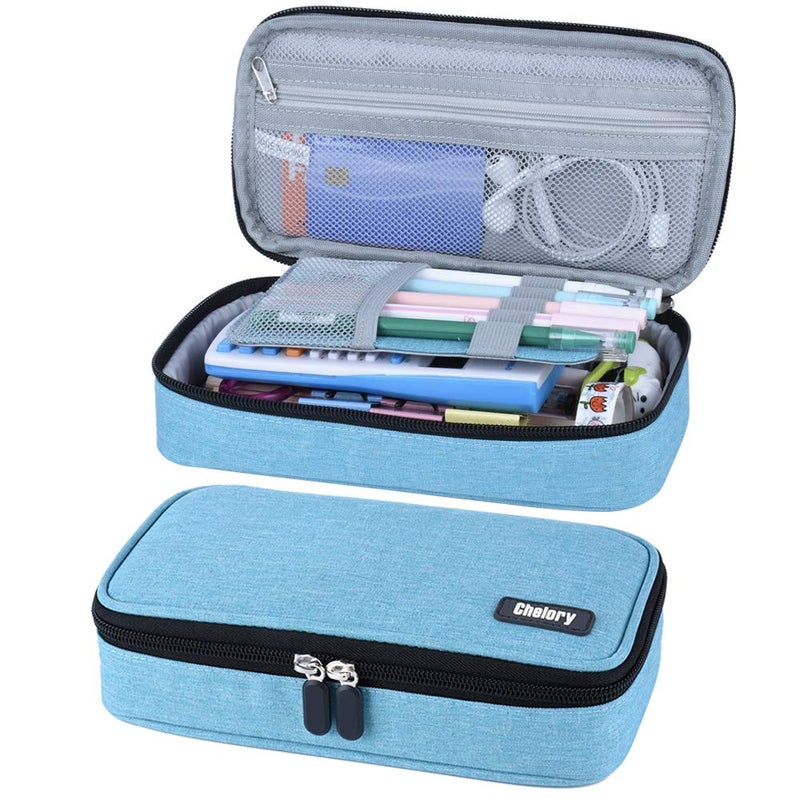 Chelory Big Pencil Case Large Capacity Pencil Bag Pouch Portable Pen Pencil Marker Cases Holder Multi Functional High Storage Office Stationery Organizer Supplies Men Women Light Blue