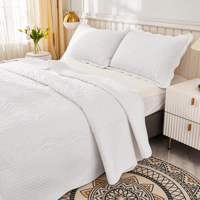 MarCielo 3-Piece 100% Cotton Oversized Bedspread Lightweight Quilt Coverlet Embroidery Farmhouse Bedding Set T0 (Bright White, Oversized Queen (100"x106")) - Image 2