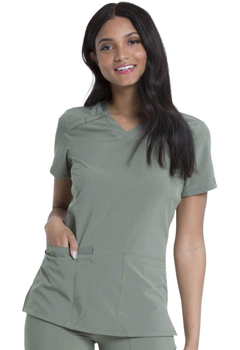 Dickies EDS Essentials Scrubs, V-Neck Womens Tops with Four-Way Stretch and Moisture Wicking DK615, L, Olive - Image 1