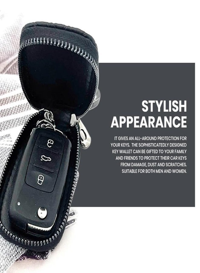 keyzone Unisex Mens Womens Premium Checkered Pattern Leather Car Key Holder pouch Bag Keychain Case Wallet with Zipper Closure (Black) - Image 3