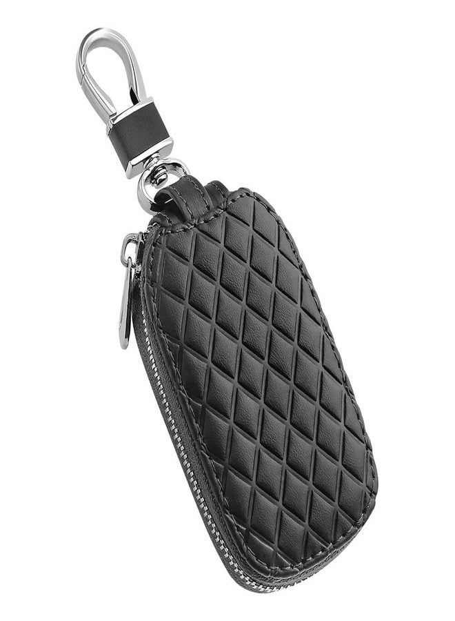keyzone Unisex Mens Womens Premium Checkered Pattern Leather Car Key Holder pouch Bag Keychain Case Wallet with Zipper Closure (Black) - Image 1