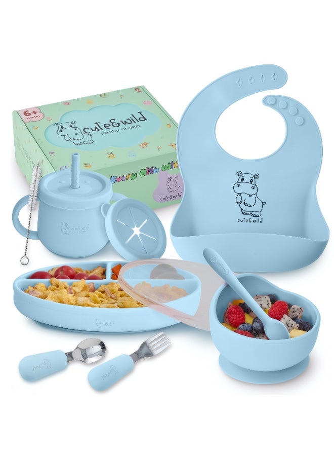 Cute and Wild Baby Silicone Baby Feeding Set with Gift Box, Suction Plate, Feeding Bowl, Bib, Sippy Cup, Spoon, Fork in Baby Food Eating Set, BPA Free Baby Led Wearning Set, 6M+, 10 Pcs, Sky