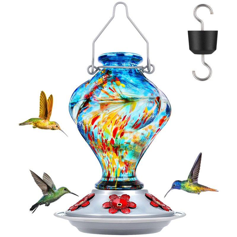 BOLITE Hummingbird Feeder, BOLITE Glass Hummingbird Feeders for Outdoors Hanging, Hand Blown Twisted with Ant Moat and Five Feeding Ports, 24 Ounces, Leak Proof, Blue, Gifts for Women Men, Gifts for Mom Dad - Image 1