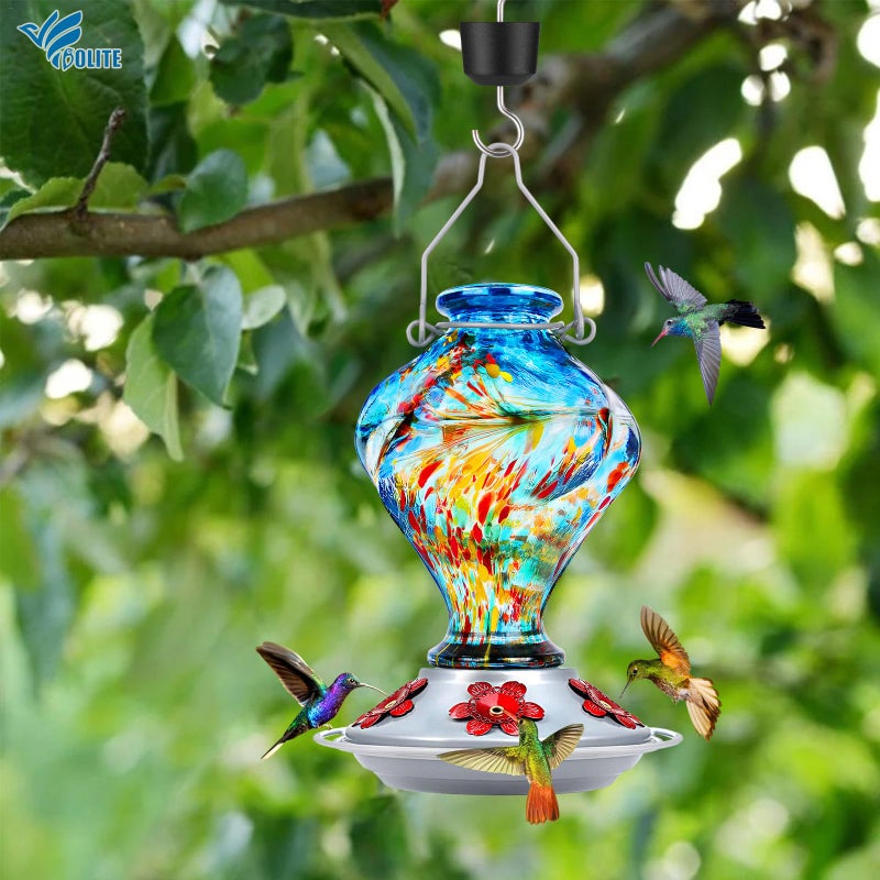 BOLITE Hummingbird Feeder, BOLITE Glass Hummingbird Feeders for Outdoors Hanging, Hand Blown Twisted with Ant Moat and Five Feeding Ports, 24 Ounces, Leak Proof, Blue, Gifts for Women Men, Gifts for Mom Dad - Image 2