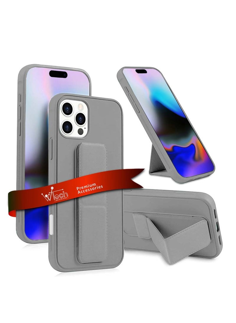 دبليو تيك ابل ايفون 16 برو 2024 مقبض يد قابل للطي مسند مغناطيسي سوار معصم مقبض اصبع مع غطاء جراب حديدي مدمج - رمادي - Image 1