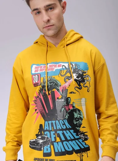 شركة المرآب الهندية Men Oversized Placement Print Overhead Hooded Sweatshirt