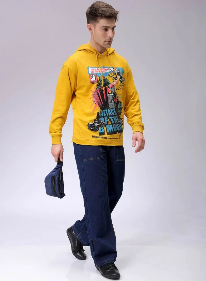 شركة المرآب الهندية Men Oversized Placement Print Overhead Hooded Sweatshirt