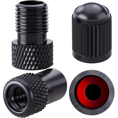 MEAJOO 2PCS Presta Valve Adapter Aluminum Convert Presta to Schrader Adaptor Inflate Tire Using Standard Pump or Air Compressor for Bikes 2 x Black Tire Valve CapsReticulated Grain Style Black - Image 1