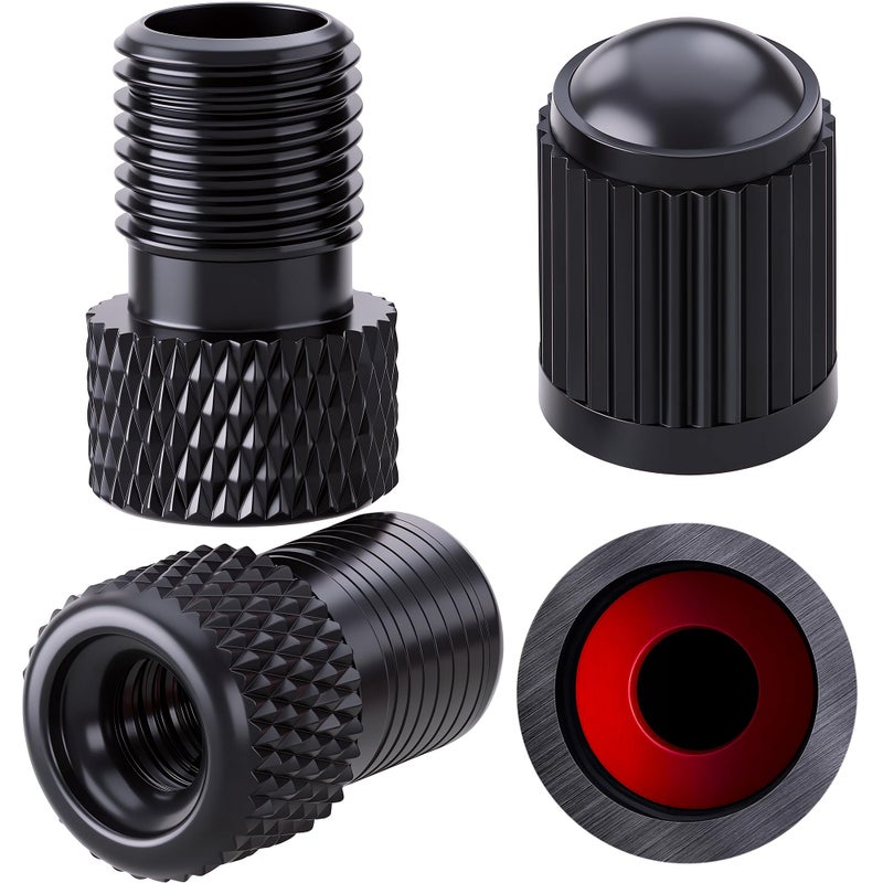 MEAJOO 2PCS Presta Valve Adapter Aluminum Convert Presta to Schrader Adaptor Inflate Tire Using Standard Pump or Air Compressor for Bikes 2 x Black Tire Valve CapsReticulated Grain Style Black - Image 3