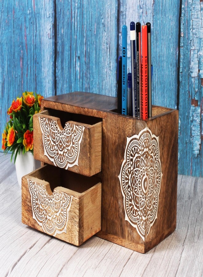 TrendBell Wooden Hand craved Desk Organizer Pencil Pen Stationery Holder Cosmetic Storage Desk Box Home Office Art Supplies with 2 Drawer Wooden Tabletop Stationery Holder with 2 Drawers Storage Cabinet - Image 4