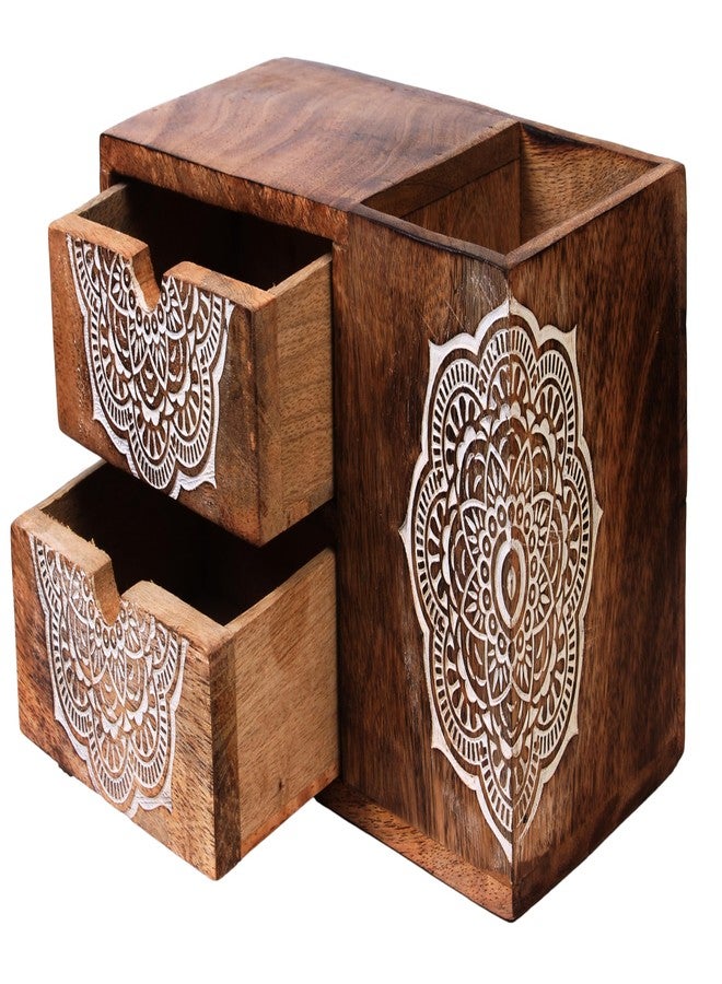 TrendBell Wooden Hand craved Desk Organizer Pencil Pen Stationery Holder Cosmetic Storage Desk Box Home Office Art Supplies with 2 Drawer Wooden Tabletop Stationery Holder with 2 Drawers Storage Cabinet - Image 1