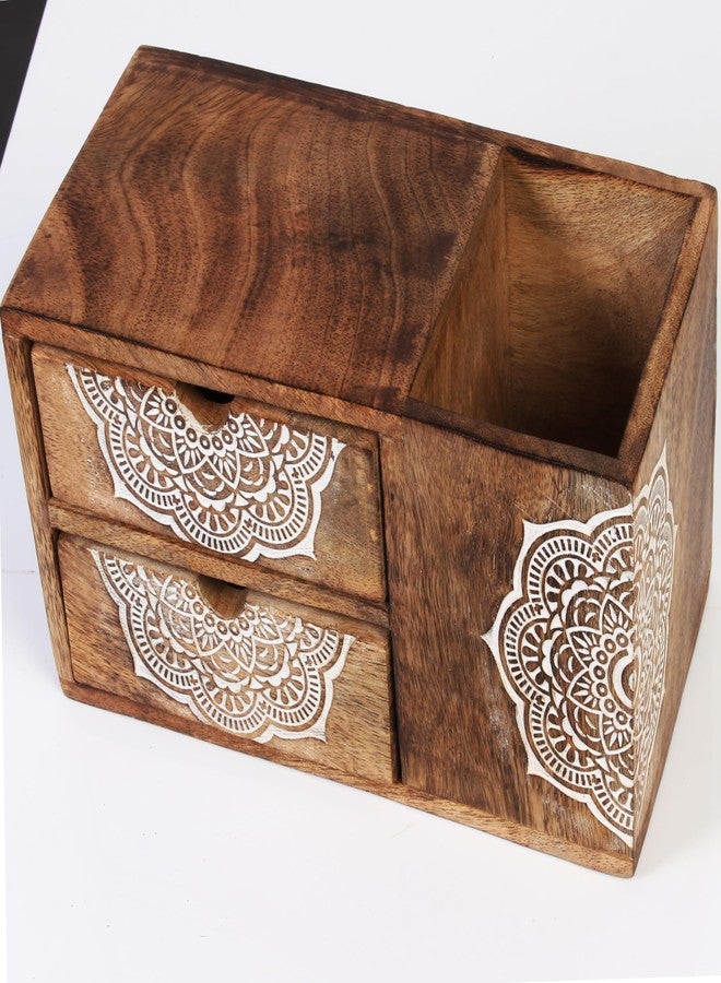 TrendBell Wooden Hand craved Desk Organizer Pencil Pen Stationery Holder Cosmetic Storage Desk Box Home Office Art Supplies with 2 Drawer Wooden Tabletop Stationery Holder with 2 Drawers Storage Cabinet - Image 3