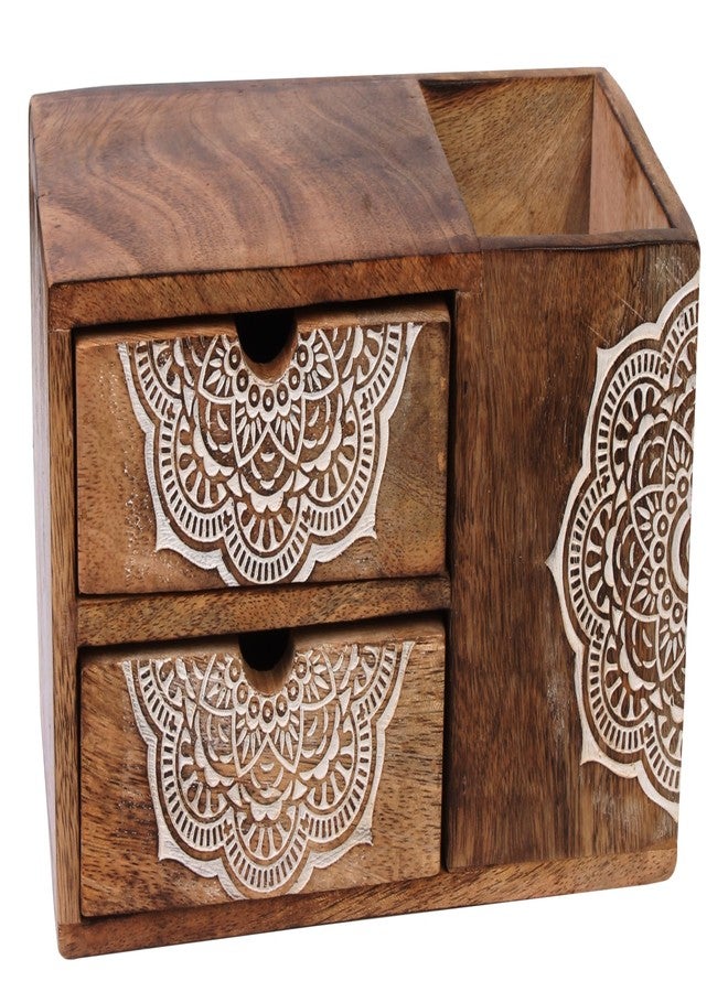 TrendBell Wooden Hand craved Desk Organizer Pencil Pen Stationery Holder Cosmetic Storage Desk Box Home Office Art Supplies with 2 Drawer Wooden Tabletop Stationery Holder with 2 Drawers Storage Cabinet - Image 2
