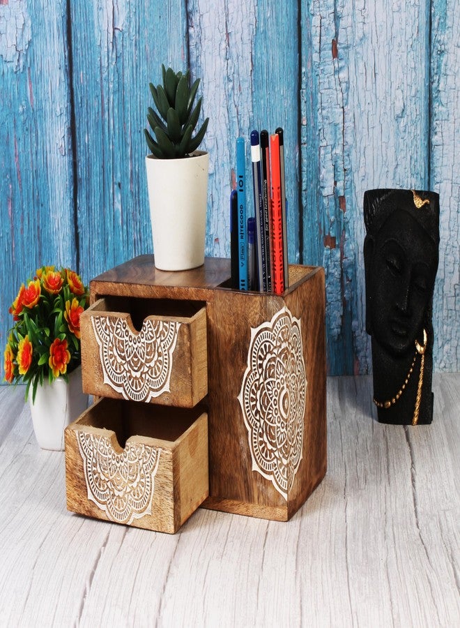 TrendBell Wooden Hand craved Desk Organizer Pencil Pen Stationery Holder Cosmetic Storage Desk Box Home Office Art Supplies with 2 Drawer Wooden Tabletop Stationery Holder with 2 Drawers Storage Cabinet - Image 5