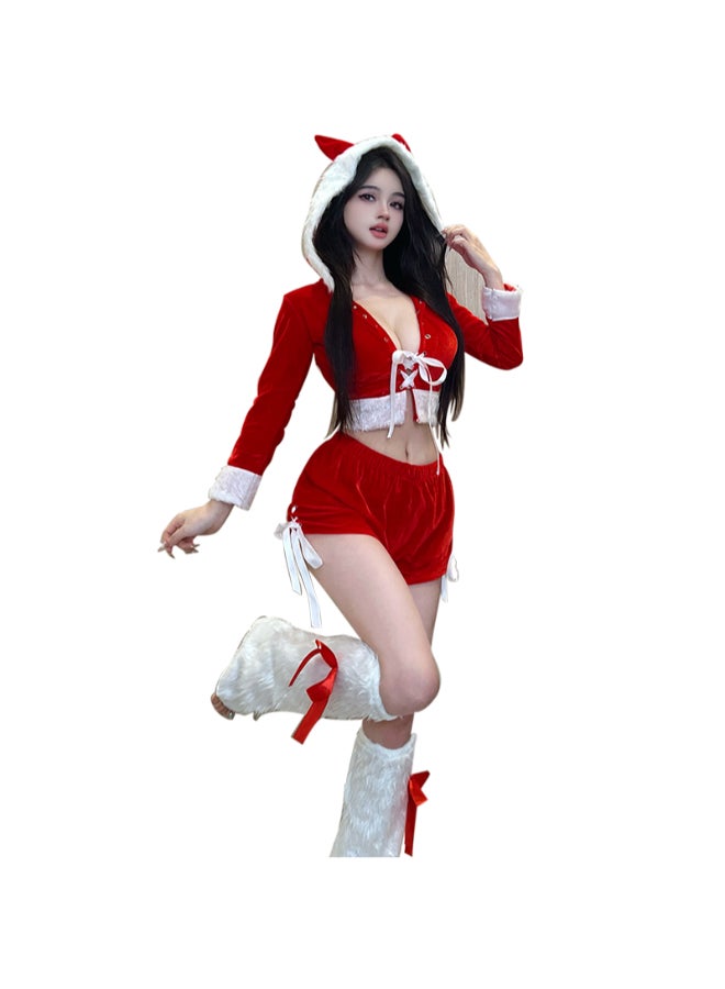 Ciao Women’s Christmas Furry Cat Costume – Red Velvet Hooded Crop Top & Shorts Set with Ears, Fur Trim, Lace-Up Front & Furry Leg Warmers (Free Size 40–60 kg) - Image 1