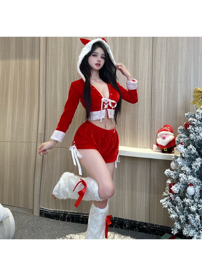 Ciao Women’s Christmas Furry Cat Costume – Red Velvet Hooded Crop Top & Shorts Set with Ears, Fur Trim, Lace-Up Front & Furry Leg Warmers (Free Size 40–60 kg) - Image 2