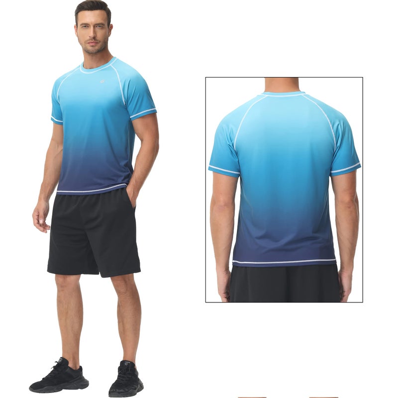 Satankud Rash Guard for Men UPF 50+ Swim Shirt Short Sleeve Sun Shirts Beach Swimwear Fishing Hiking Workout Tee (Blue Gradient,Large) - Image 2