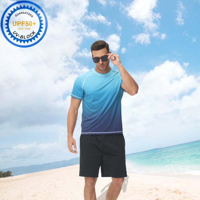 Satankud Rash Guard for Men UPF 50+ Swim Shirt Short Sleeve Sun Shirts Beach Swimwear Fishing Hiking Workout Tee (Blue Gradient,Large) - Image 4