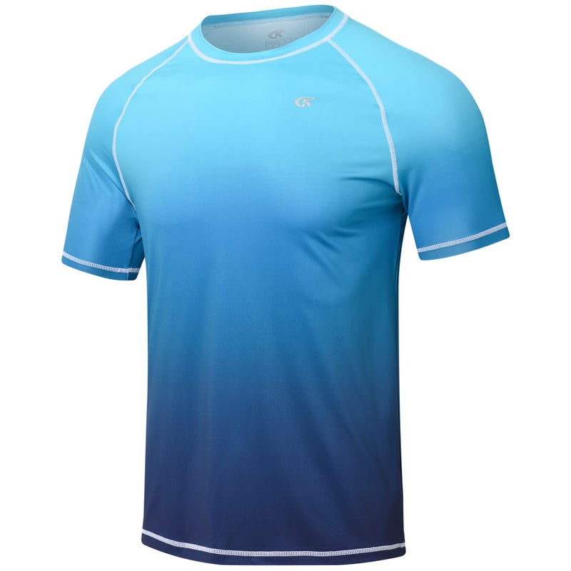 Satankud Rash Guard for Men UPF 50+ Swim Shirt Short Sleeve Sun Shirts Beach Swimwear Fishing Hiking Workout Tee (Blue Gradient,Large) - Image 1