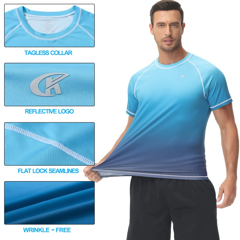 Satankud Rash Guard for Men UPF 50+ Swim Shirt Short Sleeve Sun Shirts Beach Swimwear Fishing Hiking Workout Tee (Blue Gradient,Large) - Image 3