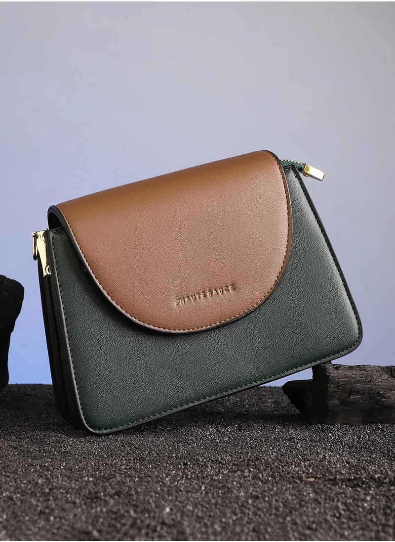 صوص هاوت Women's The Block Flap Hand Bag - Olive Green & Chocolate Brown