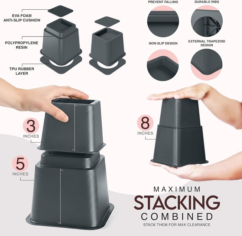 Utopia Bedding 8 Piece Premium Adjustable Furniture Risers (4 High and 4 Short) - Heavy Duty Riser with Strong Space Saving for Beds, Tables, Chairs or Sofas (3, 5 or 8 Inch) (Grey) - Image 4