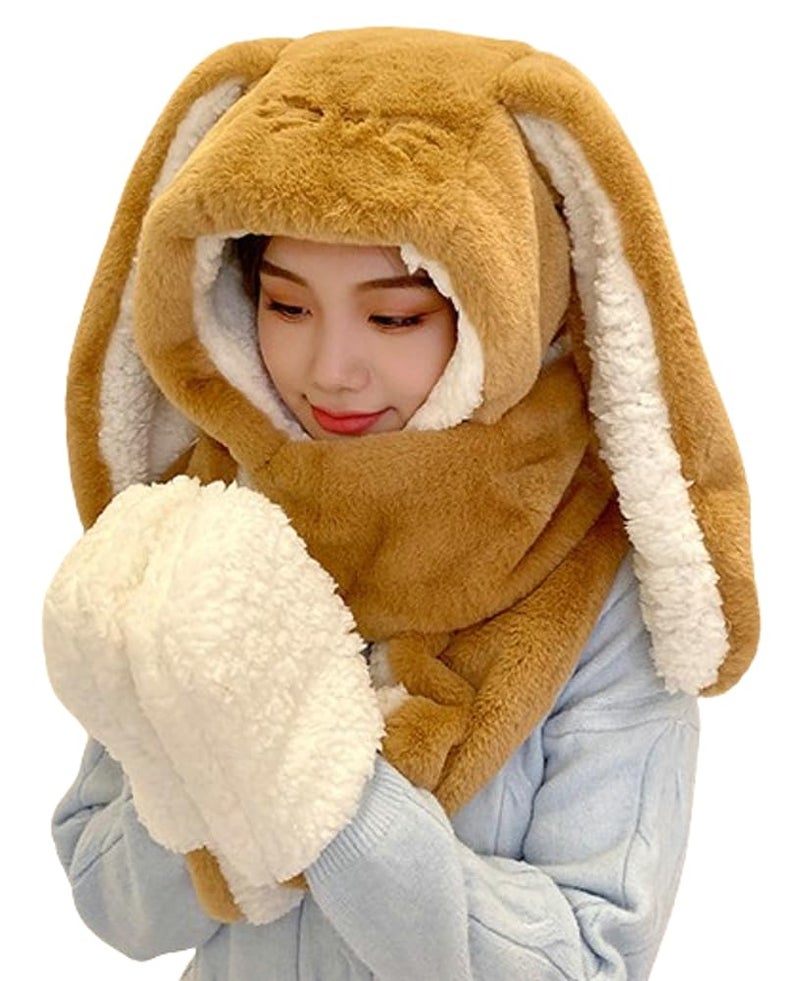 Caistre Women Cute Rabbit Ear Plush Beanie Cap Outdoor Fluffy Bunny Hat Scarf Set Indoor Warm Thick Fleece Animal Hoodie, Camel, M - Image 1