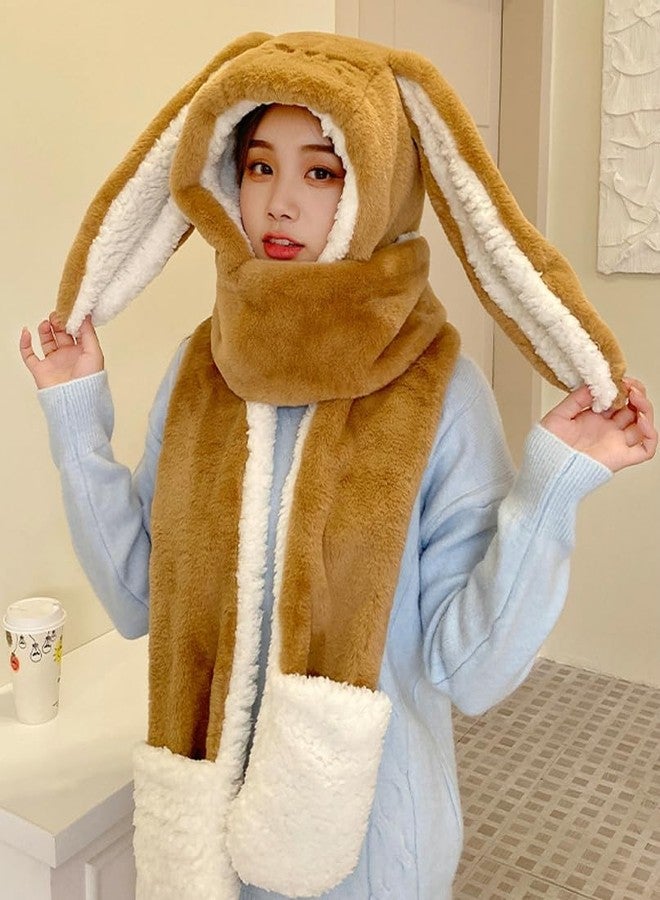 Caistre Women Cute Rabbit Ear Plush Beanie Cap Outdoor Fluffy Bunny Hat Scarf Set Indoor Warm Thick Fleece Animal Hoodie, Camel, M - Image 2