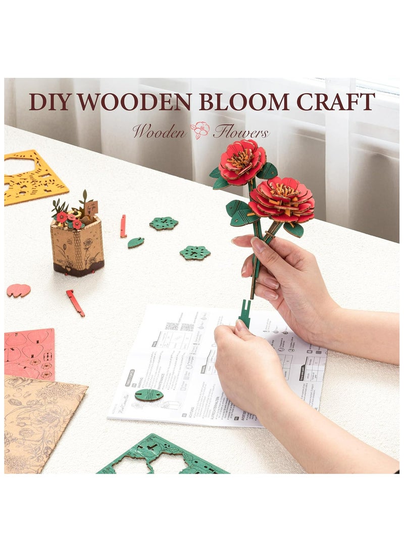 Robotime Rowood DIY Wooden Flower Red Camellia TW031 Premium 3D Puzzle Building Kits for Adults & Teens - Decorative Home Décor, Ramadan & Holiday Gift (Eid and Birthday) for Puzzle Enthusiasts, Stress Relief STEM Project - Image 4