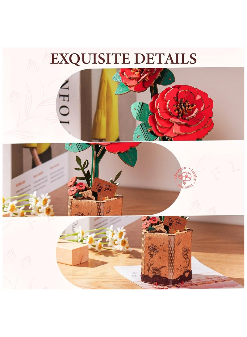 Robotime Rowood DIY Wooden Flower Red Camellia TW031 Premium 3D Puzzle Building Kits for Adults & Teens - Decorative Home Décor, Ramadan & Holiday Gift (Eid and Birthday) for Puzzle Enthusiasts, Stress Relief STEM Project - Image 5