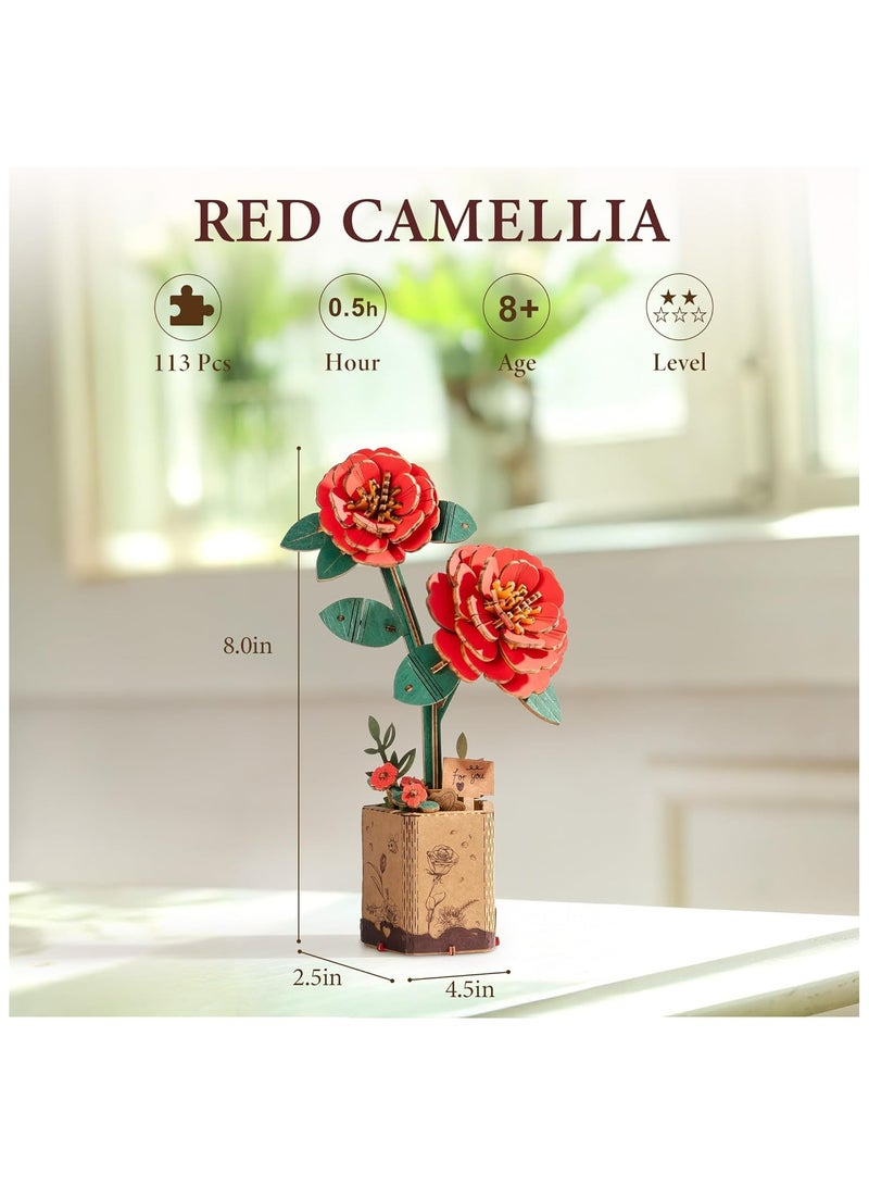 Robotime Rowood DIY Wooden Flower Red Camellia TW031 Premium 3D Puzzle Building Kits for Adults & Teens - Decorative Home Décor, Ramadan & Holiday Gift (Eid and Birthday) for Puzzle Enthusiasts, Stress Relief STEM Project - Image 1