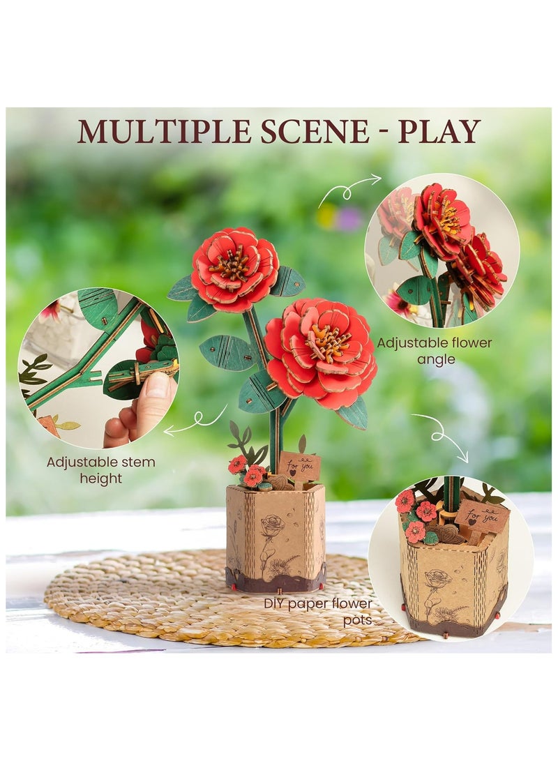 Robotime Rowood DIY Wooden Flower Red Camellia TW031 Premium 3D Puzzle Building Kits for Adults & Teens - Decorative Home Décor, Ramadan & Holiday Gift (Eid and Birthday) for Puzzle Enthusiasts, Stress Relief STEM Project - Image 3
