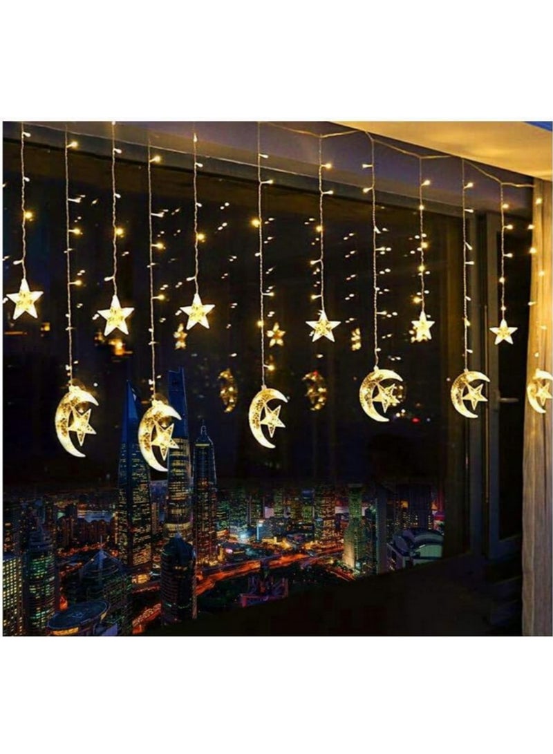 Generic 138 LED Star Curtain String Lights Warm White Moon Star Window Curtain Light for Ramadan Wedding Party Home Garden Bedroom Decorations with plug  - Image 1