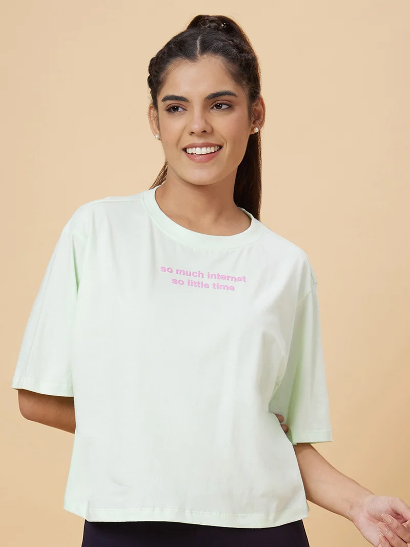 globus Globus Women Green Typography Printed Pure Cotton T-Shirt