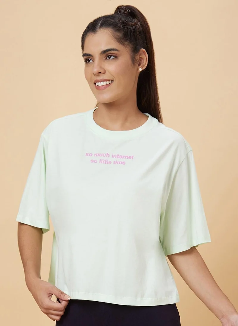 globus Globus Women Green Typography Printed Pure Cotton T-Shirt