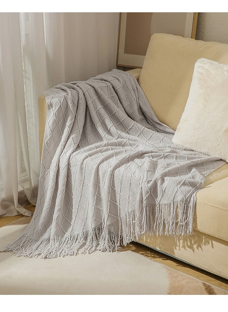 Loquat Tassel Design Knitted Soft Throw Blanket Keep Warm Ginger Light Grey 