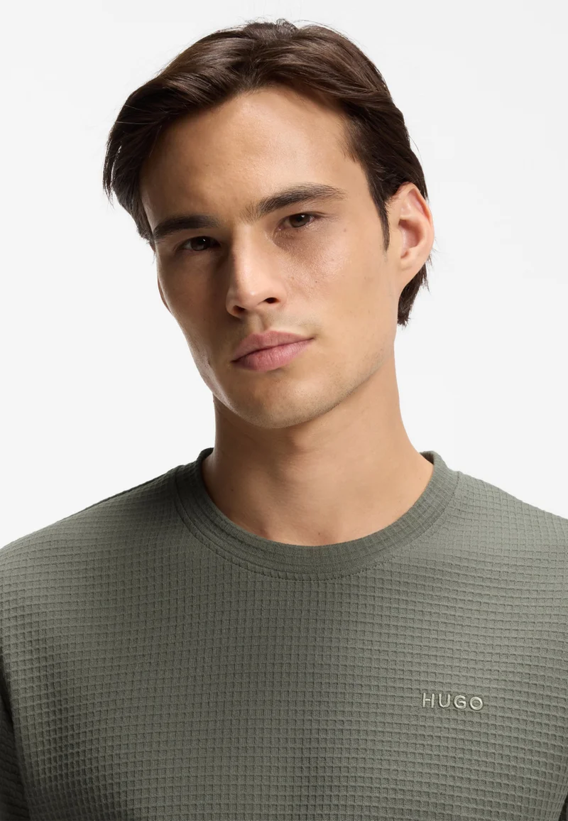HUGO Dark Green Waffle-structured pyjama T-shirt with embroidered logo for Men | Best Price UAE