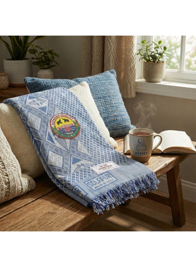 DESKET طقم بطانية شادر شولابوري (بطانية الجمل) قطنية أصلية من ديسكت - تصميم تقليدي، مقاس 60×90 بوصة، لون أزرق - عبوة من قطعتين - Image 3