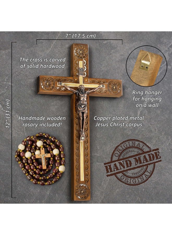 Asterom Hand Carved Crucifix Wall Cross for Home Decor - Wooden Catholic Wall Crucifix - 12 Inch - Image 3